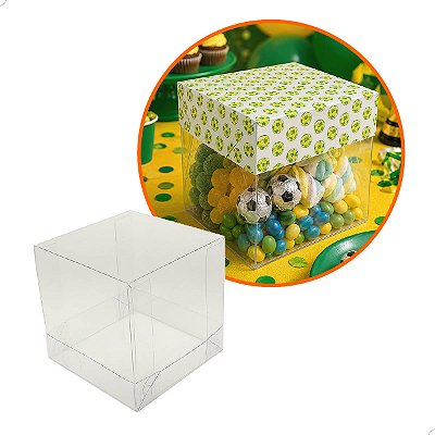 Caixa de Acetato com Base Estampa Futebol Brasil (8.5cm) Kit 25un Embalagem de Plástico Transparente