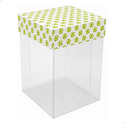 Caixa de Acetato com Base Estampa Futebol Brasil (8.5x8.5x12cm) Kit 50un Embalagem de Plástico Transparente