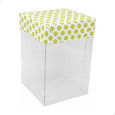 Caixa de Acetato com Base Estampa Futebol Brasil (6x6x9.5cm) Kit 100un Embalagem de Plástico Transparente