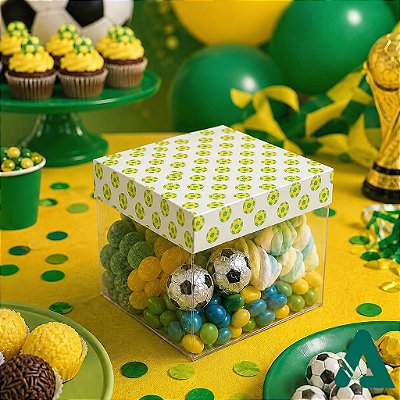 Caixa de Acetato com Base Estampa Futebol Brasil (7.5x7.5x4cm) Kit 50un Embalagem de Plástico Transparente