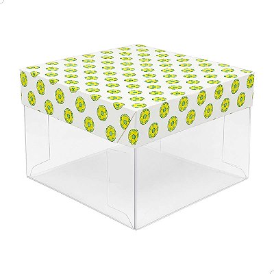 Caixa de Acetato com Base Estampa Futebol Brasil (6x6x4cm) Kit 75un Embalagem de Plástico Transparente