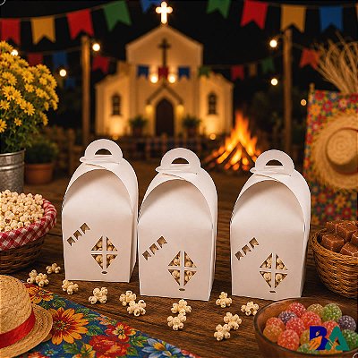 Kit 15 Caixa Baú do Arraiá DV-2 BRANCA Bandeirinha Balão para Decoração de Festa Personalizar
