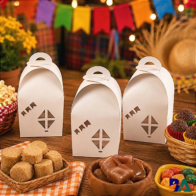 Kit 10 Caixa Baú do Arraiá DV-2 BRANCA Bandeirinha Balão para Decoração de Festa Personalizar