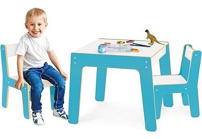 Mesa Infantil Conjunto Com 2 Cadeiras Azul Em Madeira MDF