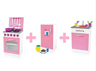 Kit Fogão Geladeira e Pia de Brinquedo Rosa MDF Junges