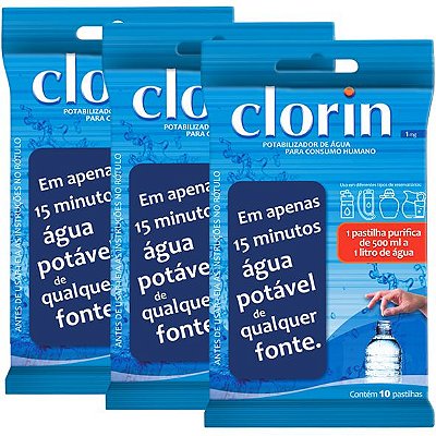 Purificador de Agua Clorin 1 - Kit com 3 Embalagens - Contém 30 Pastilhas