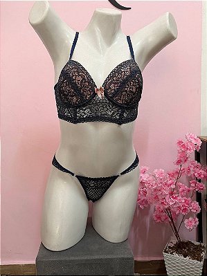 Conjunto Lingerie Luxy com Bojo e Calcinha Fio Duplo Azul com Rose
