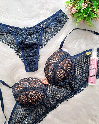 Conjunto Lingerie Luxy Azul com Rose