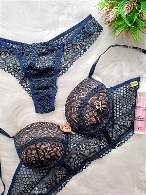 Conjunto Lingerie Luxy Azul com Rose