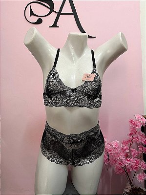 Conjunto Lingerie Sexy sem Bojo e Calcinha Rendada Estilo Shortinho com Amaração em X Lacradora