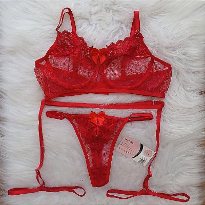 Conjunto lingerie Sedução tule Rendado Vermelho