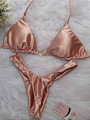 Conjunto Biquíni Luxo Cortininha Fio Rose Gold com argola ouro