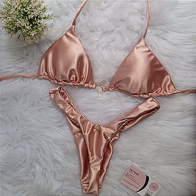 Conjunto Biquíni Luxo Cortininha Fio Rose Gold com argola ouro