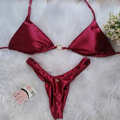 Conjunto Biquíni Luxo Cortininha Fio Vinho com argola ouro