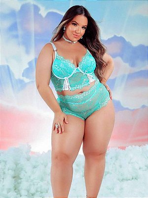 Conjunto Lingerie Angels rendado Cropped Plus Size com chocker