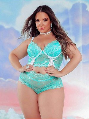 Conjunto Lingerie Angels rendado Cropped Plus Size com chocker