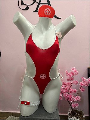 Body Fantasia Salva Vidas Feminino com Chapeuzinho e Perneira Sensual