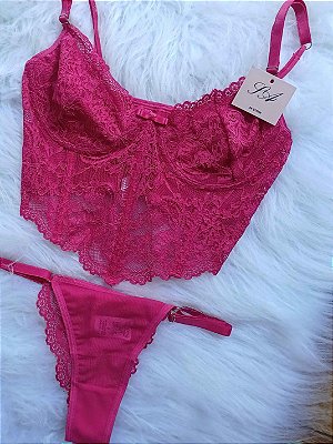 Conjunto Lingerie Hera Pink Cropped em tule e renda