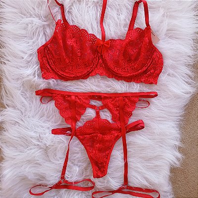 Conjunto Lingerie Love Vermelho com Cinta Liga e Gargantilha