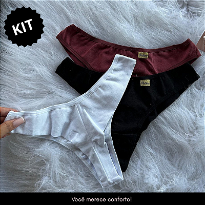 Kit com 3 Calcinhas Fio Duplo em algodão