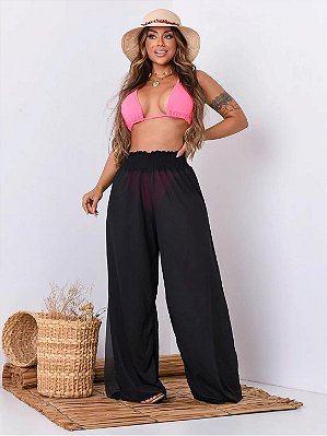 Saída de Praia Calça Pantalona Duna Preta com fenda