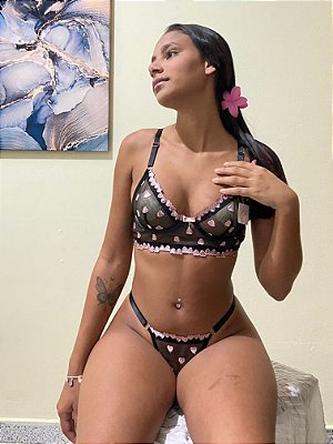 Conjunto Lingerie Serena Tule Preto com Rosa Claro coração bordado