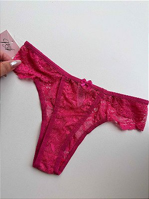 Calcinha Fio Dental Jasmine Avulsa em Renda Floral e Lacinho Frontal Pink