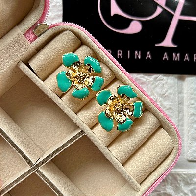 Brinco Flor Verde Água Resinado