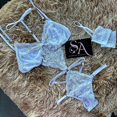 Body Tília Branco Sensual com algema em renda