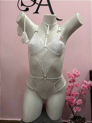 Body Tília Branco Sensual com algema em renda
