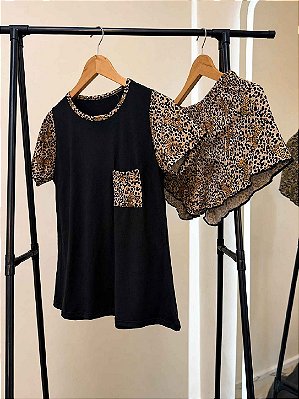 Pijama de Verão Feminino Camiseta com Bolso e o Short em Animal Print Tigresa