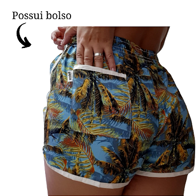 Short Feminino Tactel Estampado Adulto Moda Praia Azul