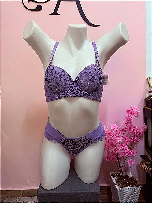 Conjunto Lingerie Charmosa com Bojo e Calcinha Fio Duplo Lílas com Detalhes em Animal Print