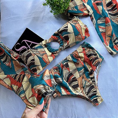 Conjunto Biquíni Tomara que caia de manga longa cintura alta