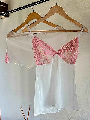 Baby Doll Tule Fatale Branco com Rosa