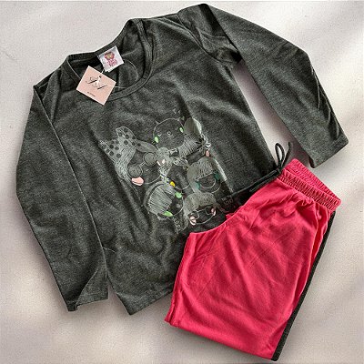 Pijama de inverno infantil Estampado- Cinza e rosa