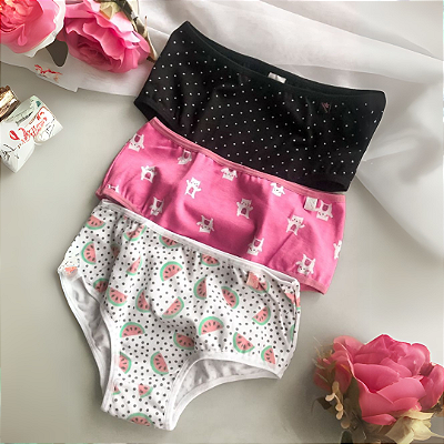 kit com 3 calcinhas infantis em cotton estampada- Melancia