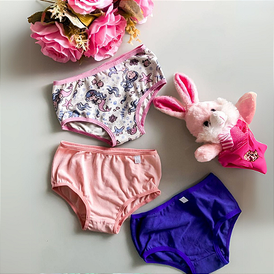 kit com 3 calcinhas infantis em cotton estampada- Sereia