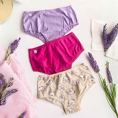 kit com 3 calcinhas infantis em cotton estampadas