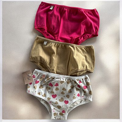 kit com 3 calcinhas infantis em cotton estampadas- Coração