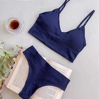 Conjunto Canelado Confort Top com bojo calcinha fio Azul