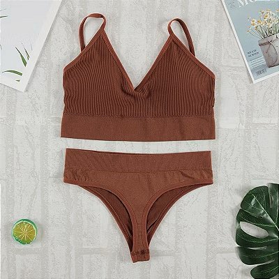 Conjunto Canelado Confort Top com bojo calcinha fio Marrom