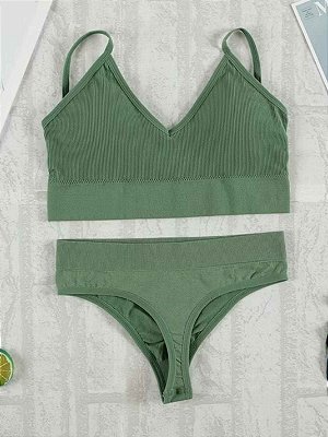 Conjunto Canelado Confort Top com bojo calcinha fio Verde Militar