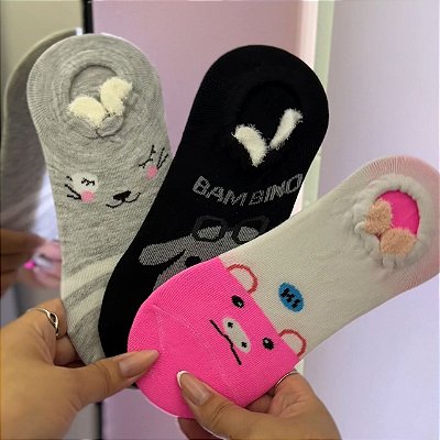 kit 3 Meia Sapatilha Feminina Fofas de bichinhos