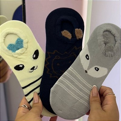kit 3 Meia Sapatilha Feminina Fofas de bichinhos