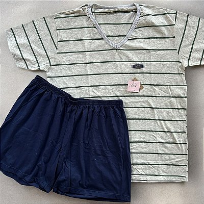 Pijama masculino verão gola V Listra verde em malha de algodão