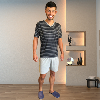 Pijama masculino verão gola V em malha de algodão- Grafite Listrado