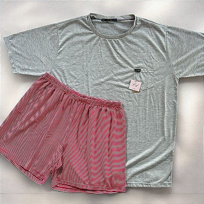 Pijama masculino verão com bolso bermuda vermelha listrada