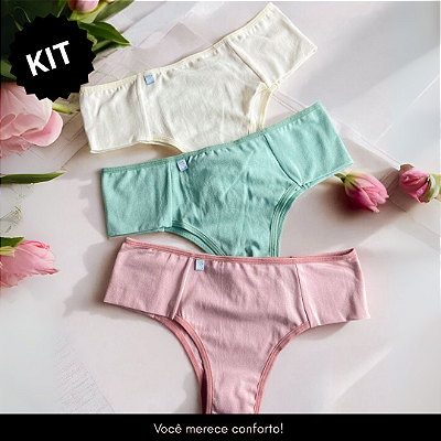 kit de 3 calcinhas em cotton de pala nas laterais (Rose,Amarelo,Verde)
