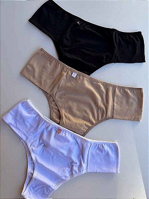 kit 3 calcinhas em cotton de pala nas laterais (Preto,Branco,Bege)